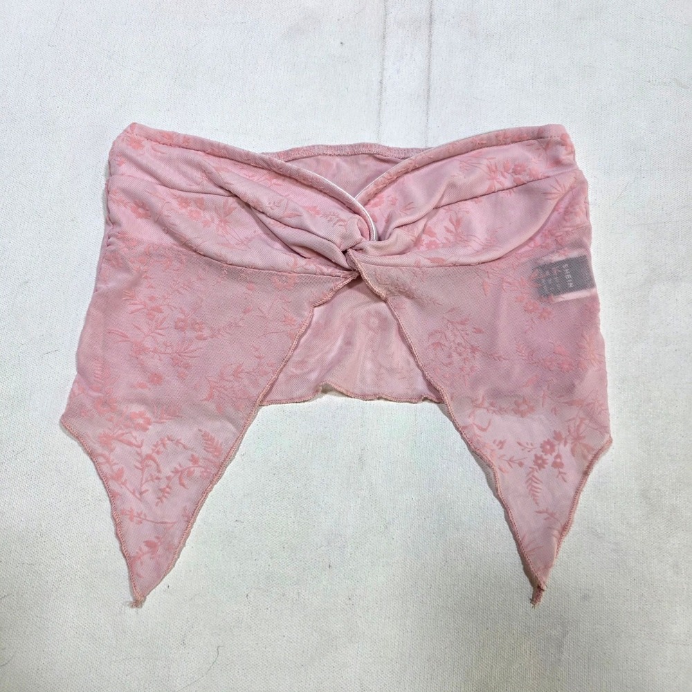 SHEIN Tube Top Womens XS Pink Sheer Mesh Floral Twist Front Handkerchief‎ Hem